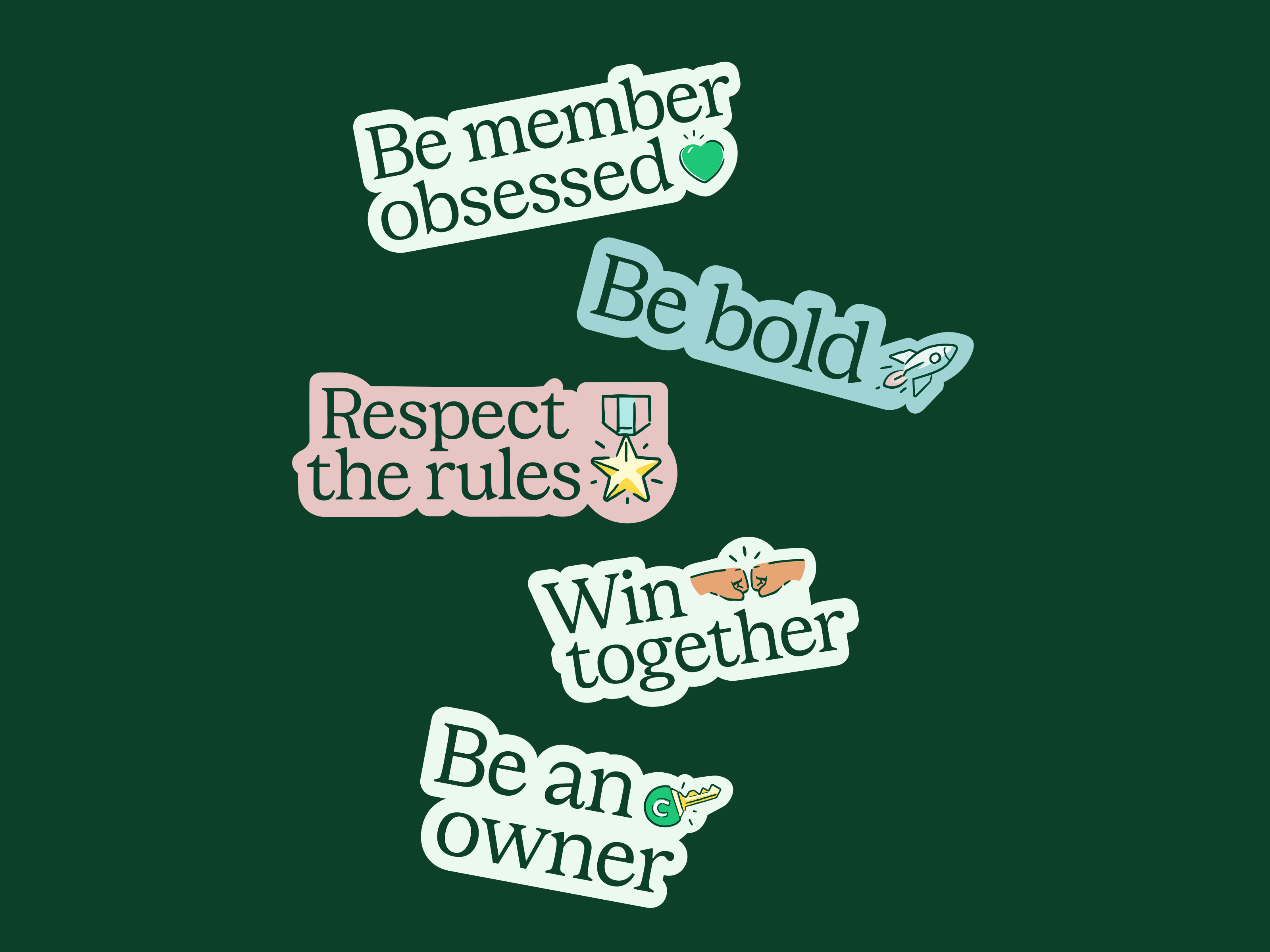 Be member obsessed
Be bold
Respect the rules
Win together
Be an owner