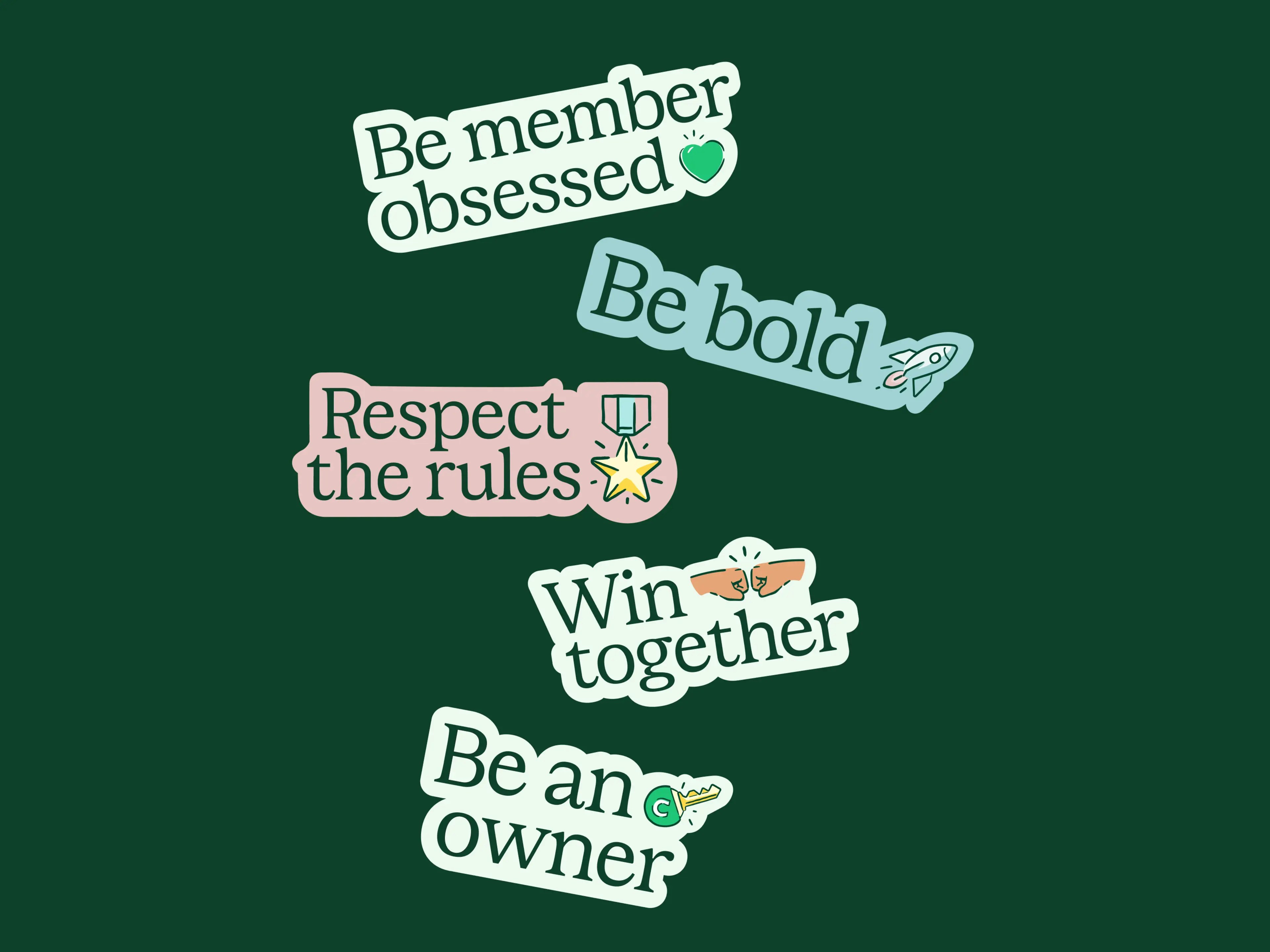 Be member obsessed
Be bold
Respect the rules
Win together
Be an owner