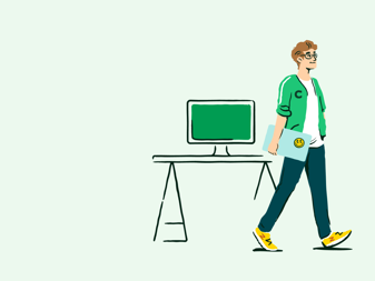 a person walking with a laptop